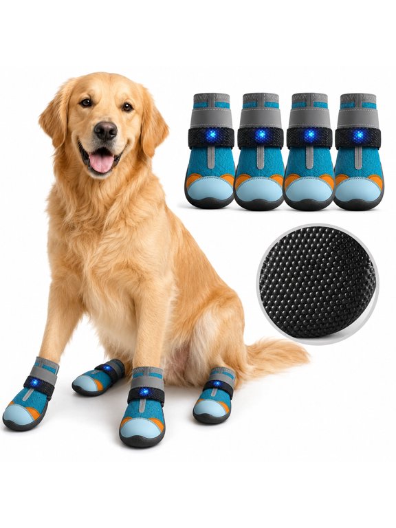 LED Dog Shoes, Colorful Light Up Pet Boots with Breathable Mesh and Non-Slip Rubber Soles, Adjustable Waterproof Paw Protectors for Walking Running Hiking