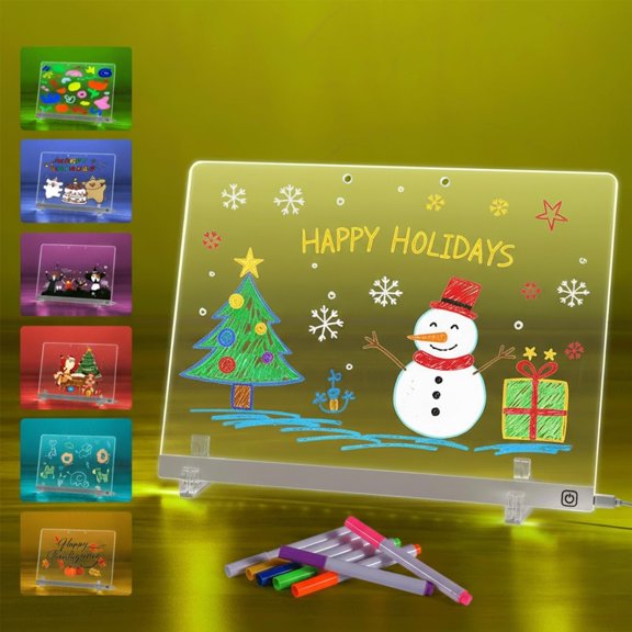 LED Doodle Glow Note Board 13.7"X10" - Light Up Dry Erase Message Drawing with 7 Colors, Dynamic Modes, 7 Pens, Invisible Stands, Kit - Fun Whiteboard for , Office, Kitchen