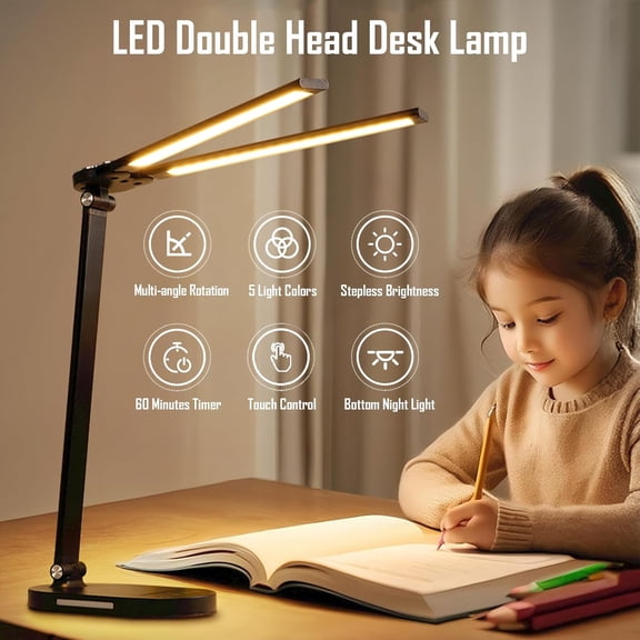 LED Double Head Desk Lamp with Night Light, 5 Color Temp, Slide Steplessly Adjust Brightness, 60 min Timer, Touch Control, Foldable Table Light for Working, Reading (White Plug-in)