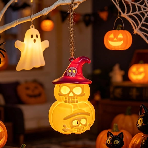 LED Double Stack Pumpkin Hanging Light with Witch Hat,Battery Operated Flameless Jack O Lantern,Halloween Decor for Desktop,Window,Party