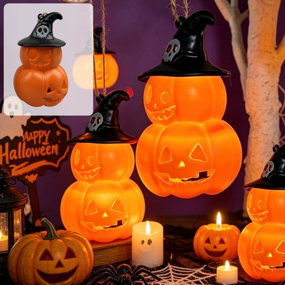 LED Double Stack Pumpkin Hanging Light with Witch Hat,Battery Operated Flameless Jack O Lantern,Halloween Decor for Desktop,Window,Party