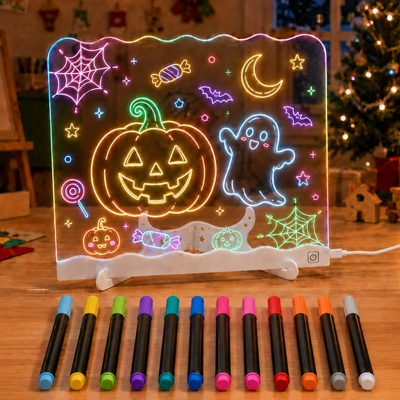 LEACUBER LED Drawing Board for Girls, 7.9x7.9" with 7 Colors & 2 Modes, USB-C Powered, 12 Markers, Toys for 3 -12 Year Old Girls, Light Up Board Pad Art Kit for Kids, White