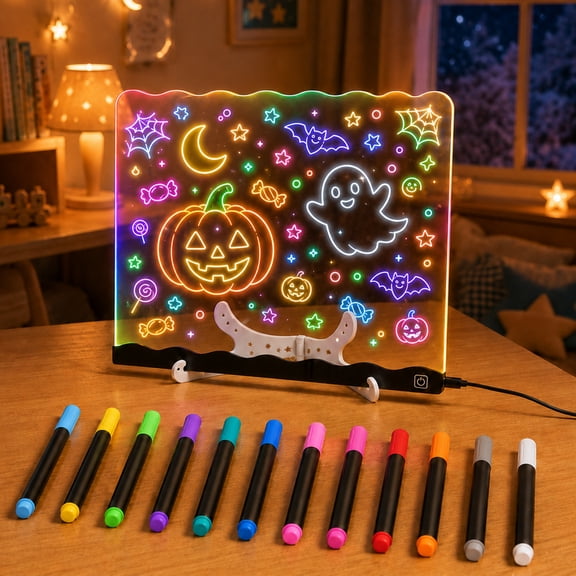 LEACUBER LED Drawing Board for Girls, 7.9x7.9" with 7 Colors & 2 Modes, USB-C Powered, 12 Markers, Toys for 3 -12 Year Old Girls, Light Up Board Pad Art Kit for Kids, Black