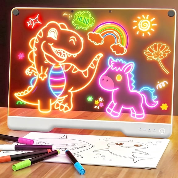 Ficcug LED Drawing Board for Kids,16" Light-Up Writing Tablet with 7 Light Effects, Rechargeable Doodle Board with 7 Markers,Dry Erase Note Board for Gift/Classroom/Office,White