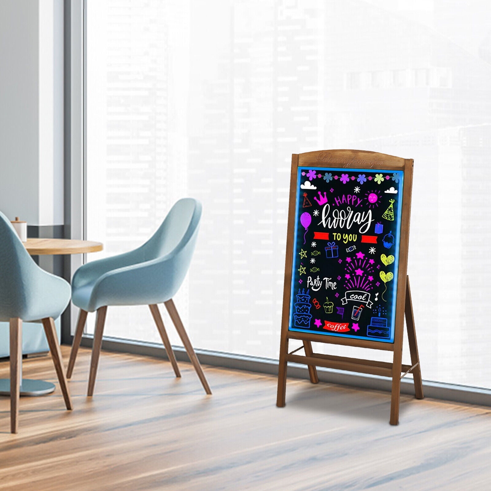 LED Drawing Chalk Board, Large Dry Erase Neon Sign with Stand, Wooden Message Chalkboard Display