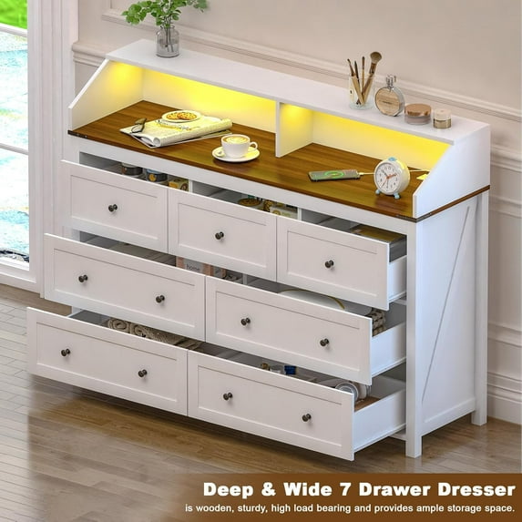 longtingus White 7-Drawer Dresser with RGB LED Lights & Charging Station, Wide Storage Chest for Bedroom, Baby Room, or Entryway