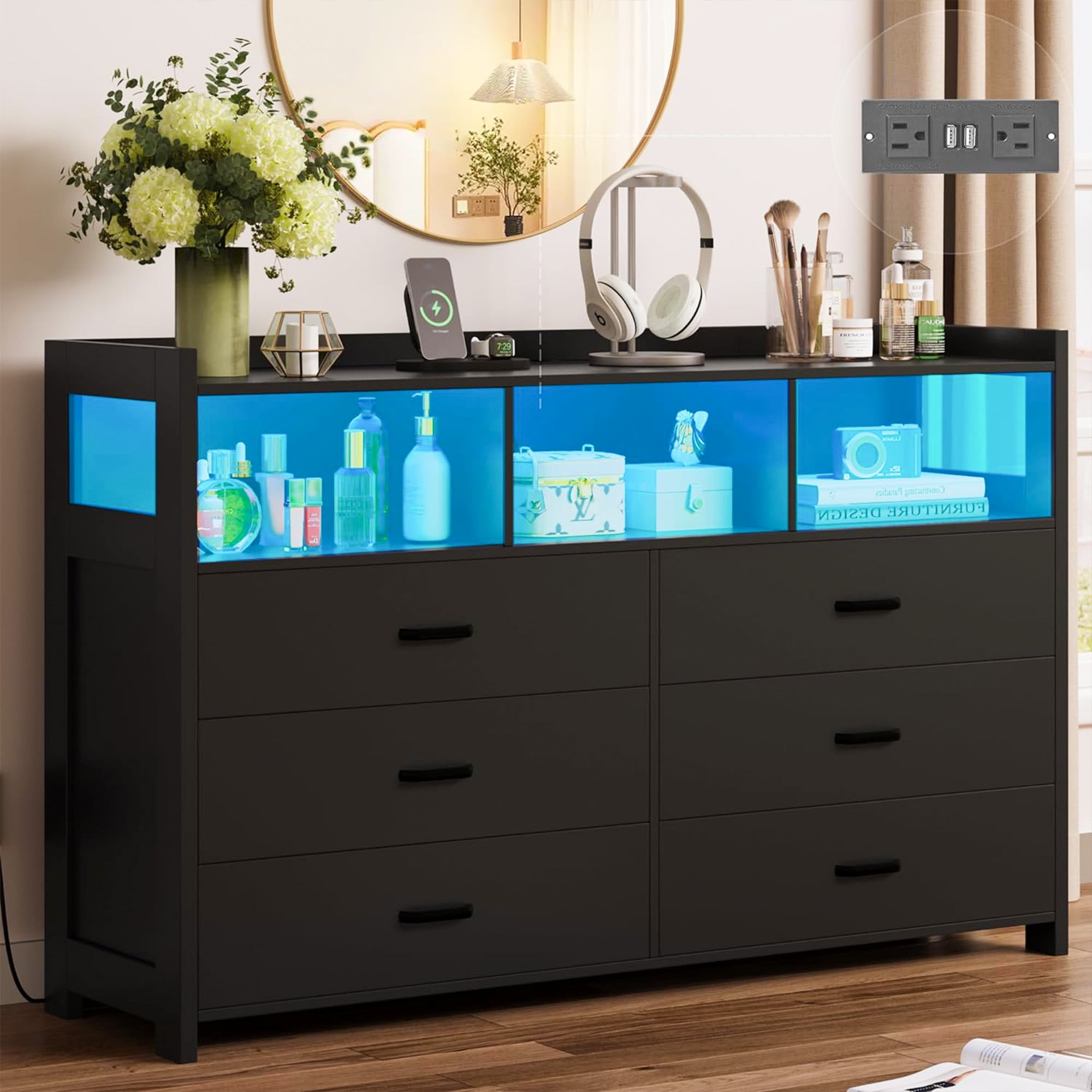 Alohappy LED Dresser for Bedroom 6 Drawers, Modern Dresser Wooden with ...