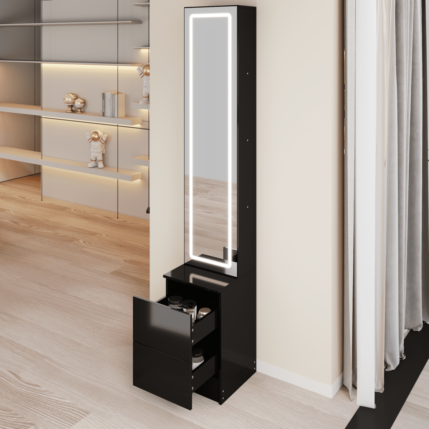 LED Dressing Mirror Cabinet,Cosmetic Organizer Cabinet, Jewelry Cabinet, 3 colors, Adjustable Brightness, Extra Large Mirror, Multi Layer High Capacity Storage, L11.8" x W15.7" x H63"