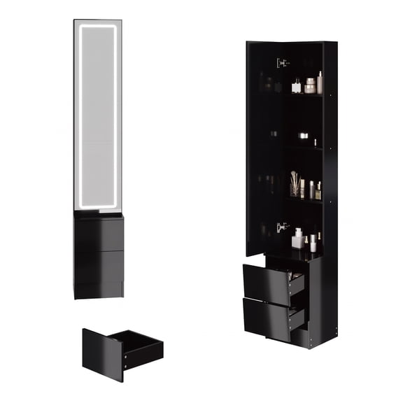 LED Dressing Mirror Cabinet,Cosmetic Organizer Cabinet, Jewelry Cabinet, 3 colors, Adjustable Brightness, Extra Large Mirror, Multi Layer High Capacity Storage, L11.8" x W15.7" x H63"
