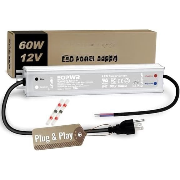 LED Driver 60W  IP67 Power  AC120-277V to 12VDC  3-Prong Plug Low  Transformer Adapter for Outdoor LED Lighting CE UL TAA (12V 60W)