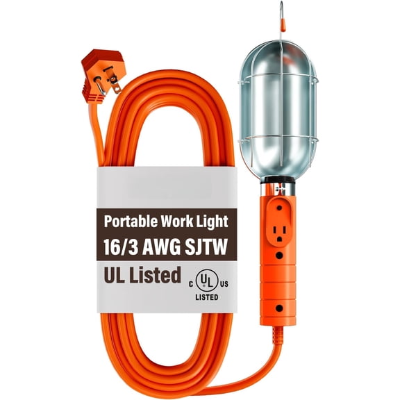 LED Drop Light with Extension Cord 50 Ft, Portable Work Utility Light 1200 Lumen with Grounded Outlet Metal Cage /Off , 45? Flat Plug,16 AWG SJTW for Garage Workshop-UL-No Bulb