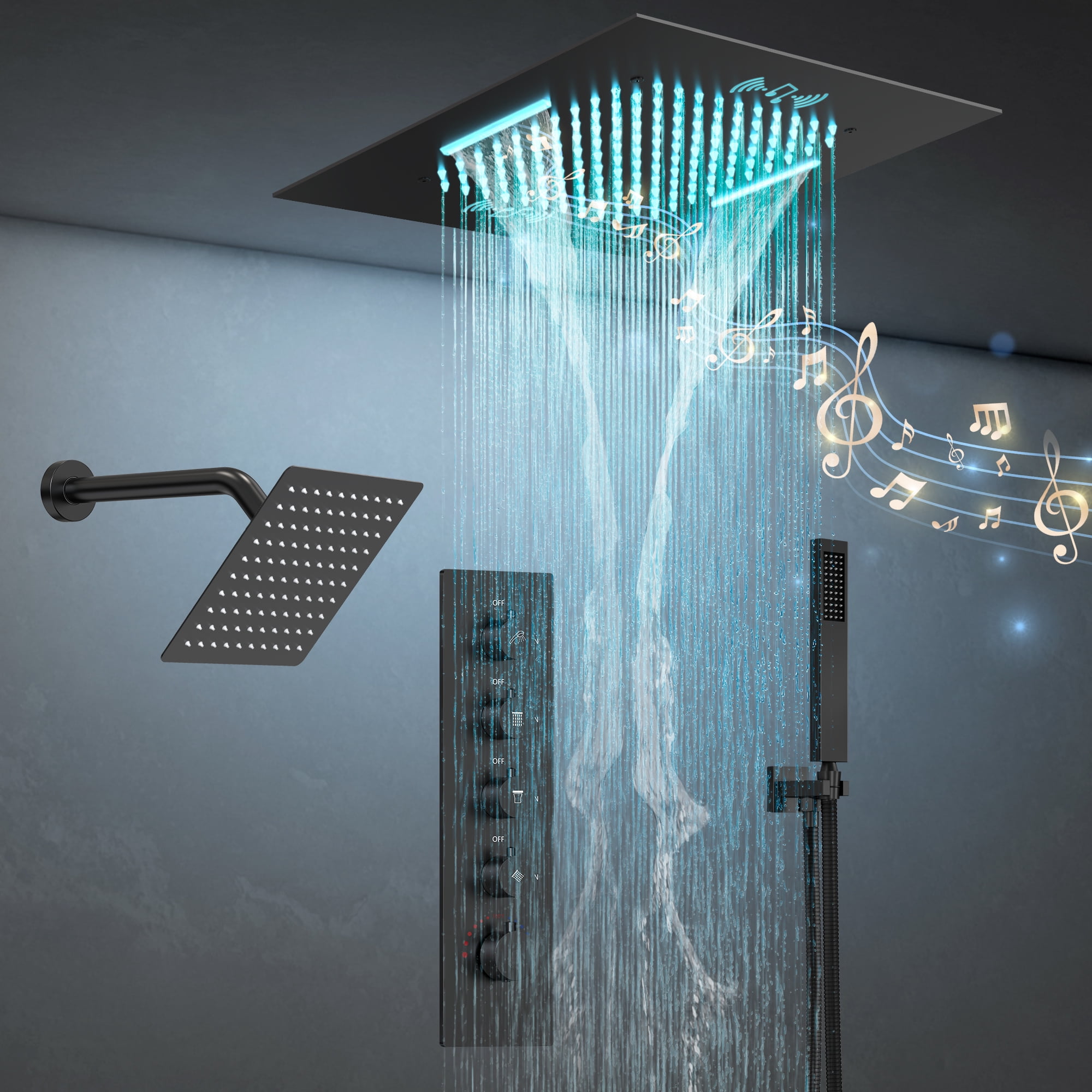 Matte Black Large LED Ceiling Mounted Shower System with Bluetooth Speaker