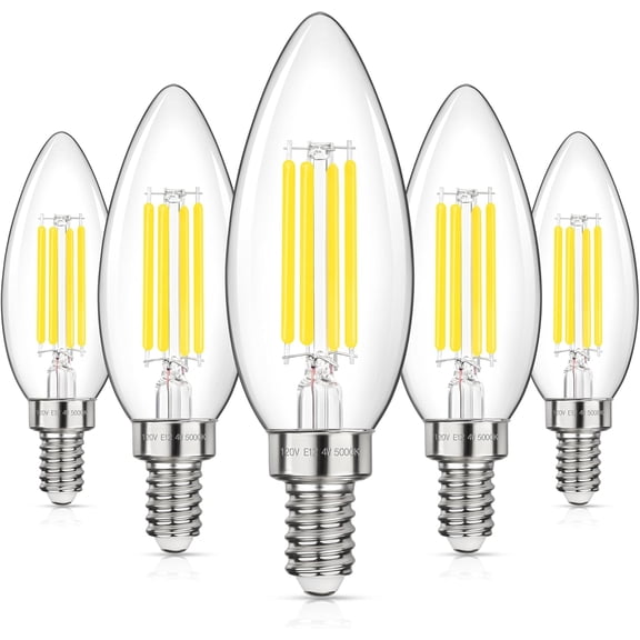 LED E12 Candelabra Light Bulbs 40W Equivalent, 4W B11 Candle Base Bulbs, Daylight White 5000K Chandelier Bulb, 500LM Clear Glass Filament Type B Bulb Non-Dimmable, 5 Pack