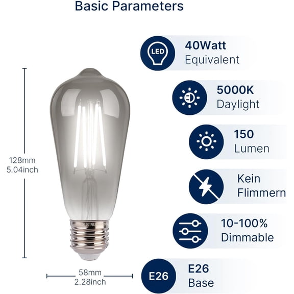 LED Edison Bulbs, 5000K White Light Dimmable ST19 LED Light Bulbs, E26 Base,4W(40W Equivalent), CRI82+, 150LM, 4 Pack, Smoky Grey Glass