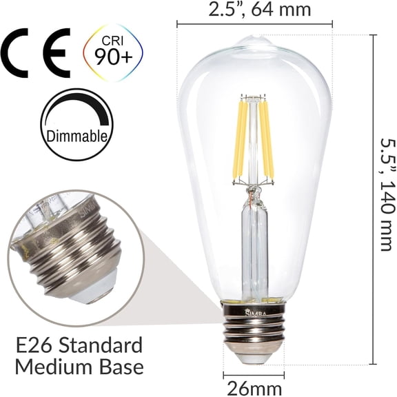 LED Edison Vintage Filament ST21 (ST64) Light Bulbs (6 Pack) 6W Dimmable 60W Equivalent Clear Glass Decorative Antique Retro, Standard Medium E26 Base, Natural White 4000K