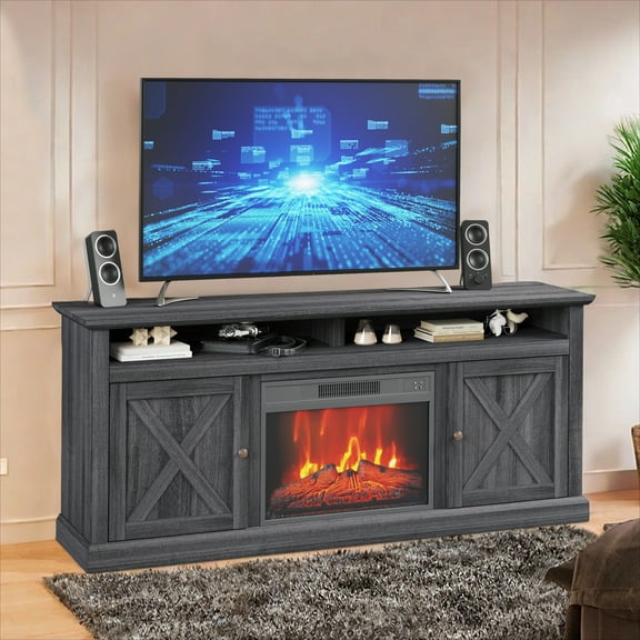 LED Electric Fireplace, Fireplace TV Stand for 67 Inch TV, Freestanding Fire Place TV Stands with Glass Door Closed Storage, Remote Control, Timer, Adjustable Flame Level for Living Room