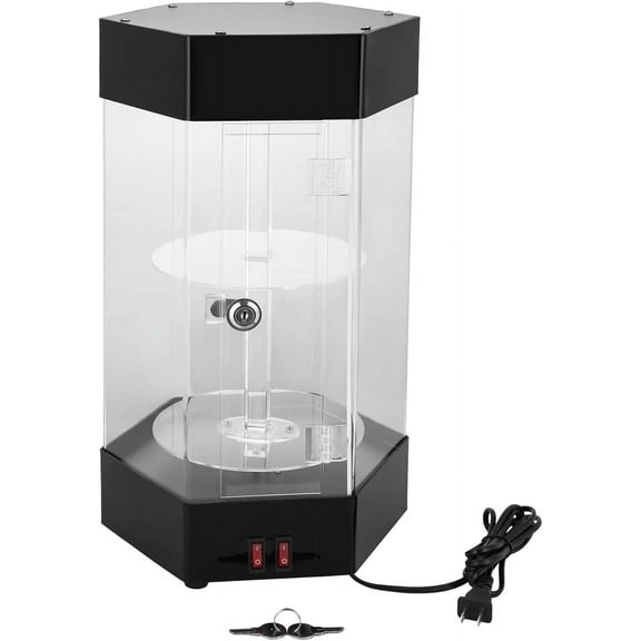 LED Electric Rotating Acrylic Display Case with Lock and Keys,360 Rotating Acrylic Jewelry Display Case,2-Tier Free Standing Electric Rotating Display Case for Cosmetics,Jewelry, Watches, Sunglasses