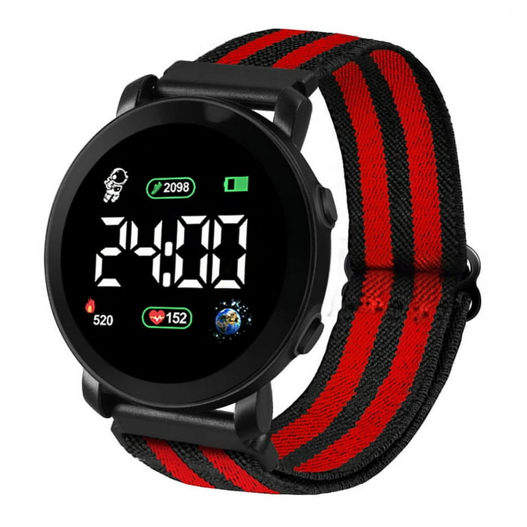 LED Electronic Watch Elastic Band Multifunctional Luminous Round Dial Adjustable Time Date Display Braided Electronic Digital Wrist Watch Clock