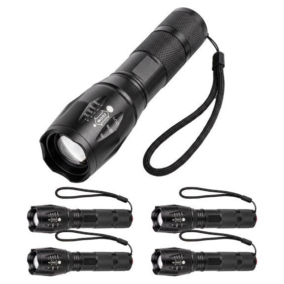 LED Emergency Handheld Flashlight, 4 Pack, Adjustable Focus, Water Resistant with 5 Modes, Best Tactical Torch for Hurricane, Camping, Dog Walking