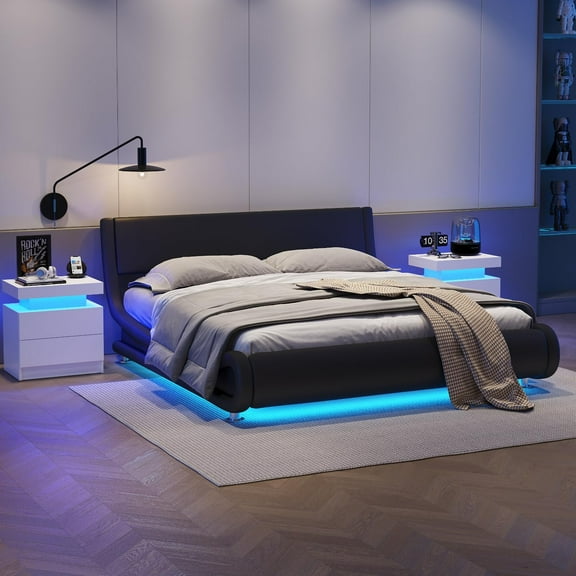 LED End Table Set of 2, Modern Bedside Table with Storage, 20.5" Tall End Tables Bedroom Set of 2 with 2 Drawers, LED Furniture for Bedroom, Living Room, and Playroom, White