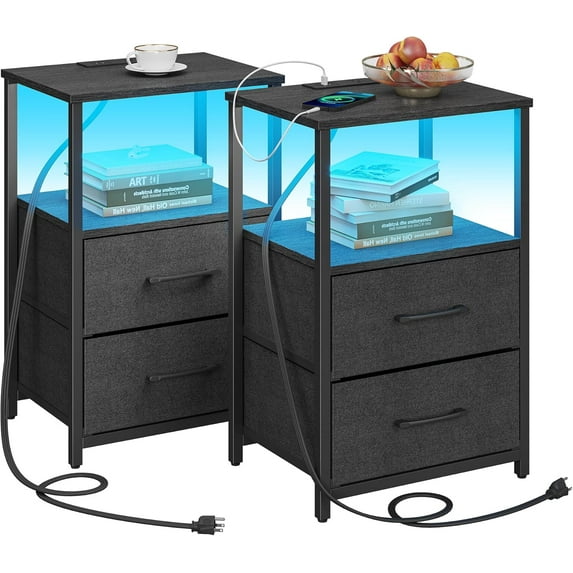 LED End Table with Charging Station, Nightstand with Cloth Drawer, Side Table with 1 USB Port and 1 Type-C Port, Set of 2, Couch Table, Black TB01BK052L