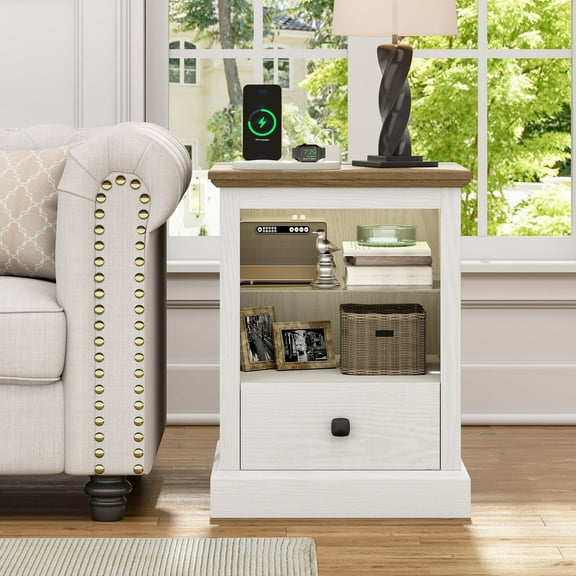 LED End Tables with Charging Station, Side Table with Drawer for Living Room, Nightstand with Storage Shelf for Bedroom, Dorm | White