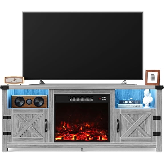 LED Entertainment Center with Fireplace, Fireplace TV Stand with Storage Cabinets and 2 Open Shelves, Modern Media TV Console for Living Room (Light Grey)