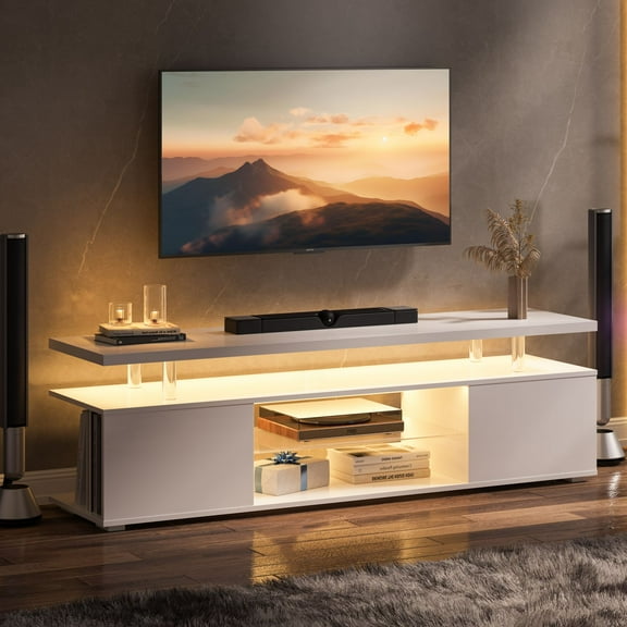LED Entertainment Center with Glass Shelf，TV Stand for 60 Inch TV, Media TV Console with Over-sized Storage Space, Gaming TV Console Furniture for Living Room and Playroom, White