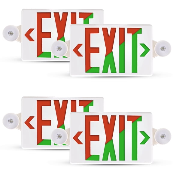LED Exit & Safety Sign 2W Switchable Color Lens Red & Green CCT Adj 6000K-7000K 120-277Vac 3.6V 1000MAH Battery UL Listed Pack of 4
