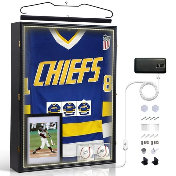 LED Extra Large Jersey Display Case with UV Protection, Shadow Box for Sports Jerseys, Uniforms, Photos, and Dual Baseball Holders