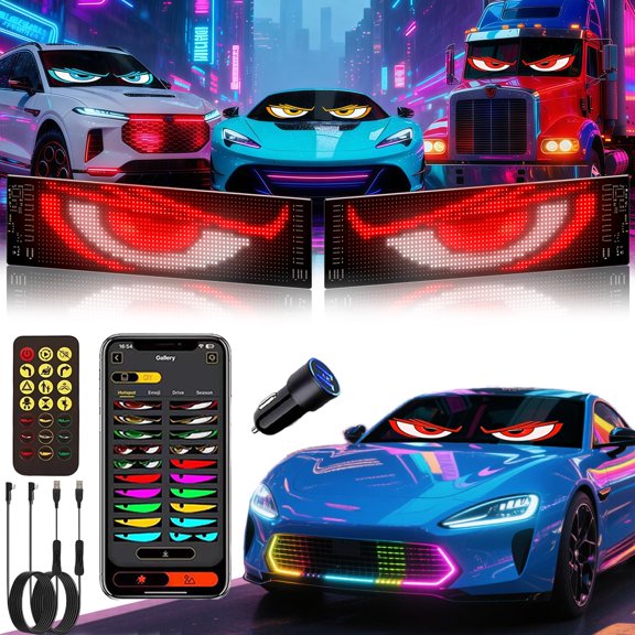 LED Eyes for Car Windshield, Dual LED Matrix Panel Display, Programmable Devil Eyes Light, Animated Car Window LED Sign with APP Control, USB Powered Flexible Screen for Car Truck SUV RV