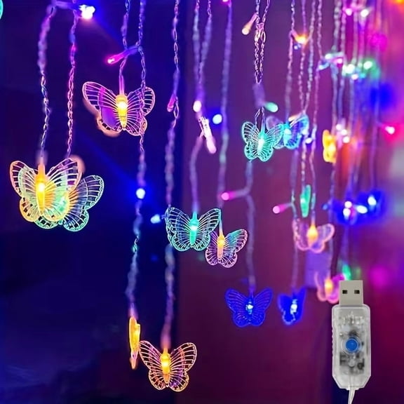 LED Fairy Light Curtain, Flashing Butterfly Lighting, USB Powered Backdrop Curtain, 8 Modes, Can Be Used for Bedroom, Wedding, Party and Valentine's Day Decoration
