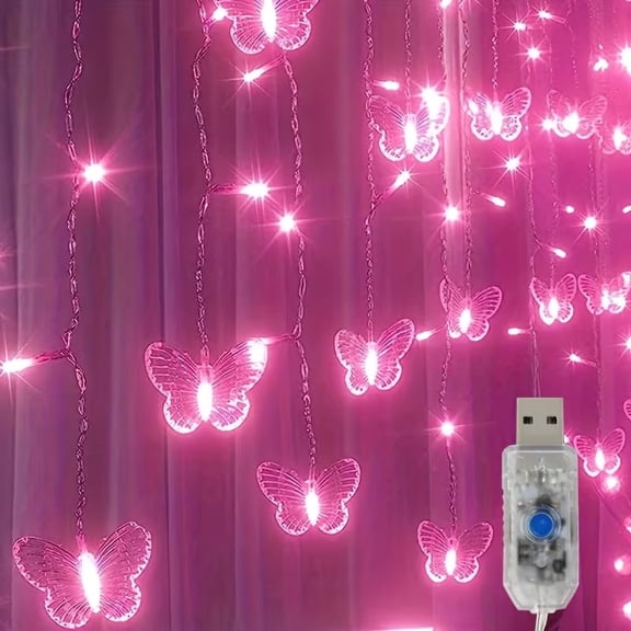 LED Fairy Light Curtain, Flashing Butterfly Lighting, USB Powered Backdrop Curtain, 8 Modes, Can Be Used for Bedroom, Wedding, Party and Valentine's Day Decoration