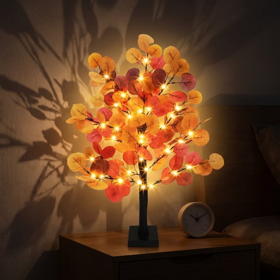 LED Fall Eucalyptus Maple Leaf Decorative Tree Light, Harvest Festival Glowing Tabletop Tree, Warm Ambient Light for Thanksgiving Indoor Home Party Event Holiday Scene Layout Decoration, Orange