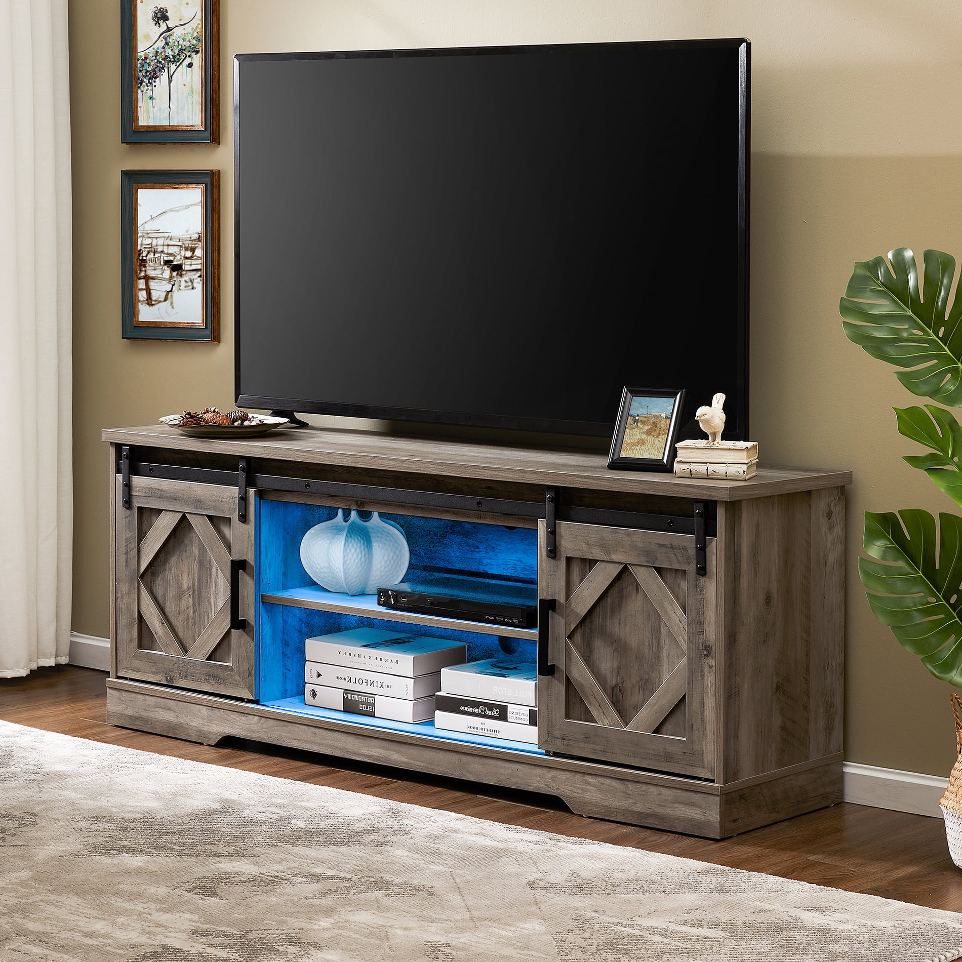 LED Farmhouse Modern Sliding Barn Door TV Stand for TVs Up to 65 inch Grey