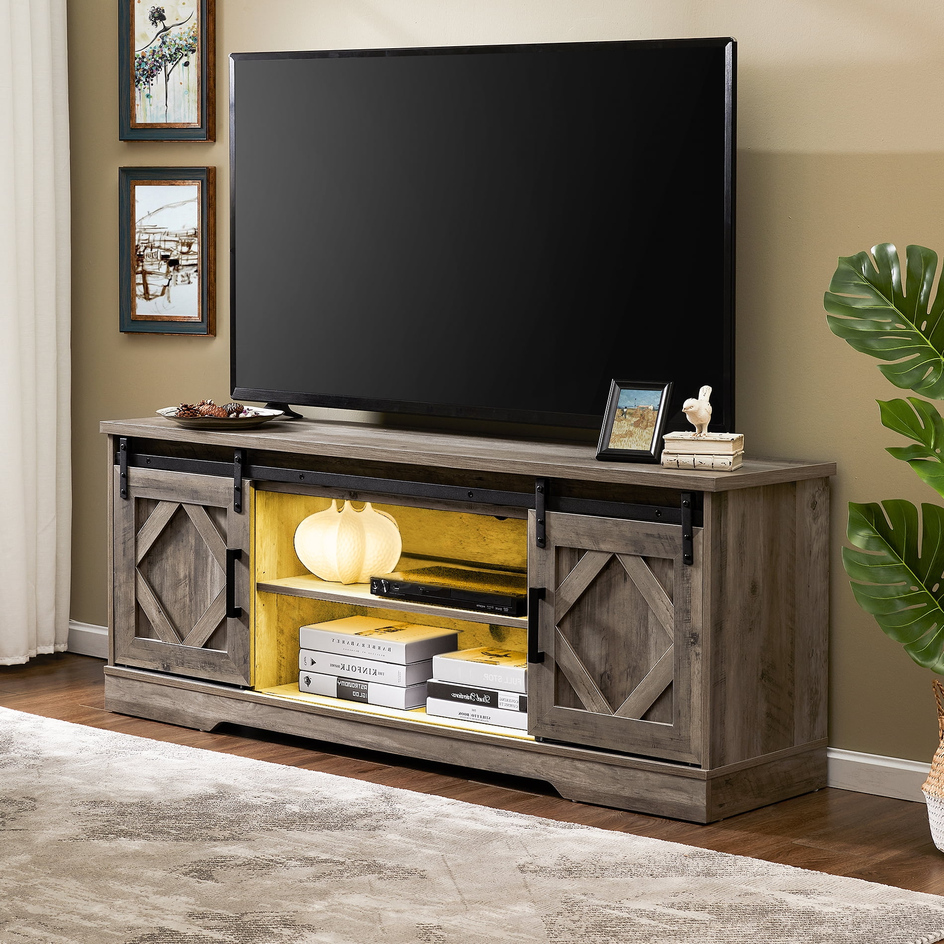 LED Farmhouse Modern Sliding Barn Door TV Stand for TVs Up to 65 inch Grey