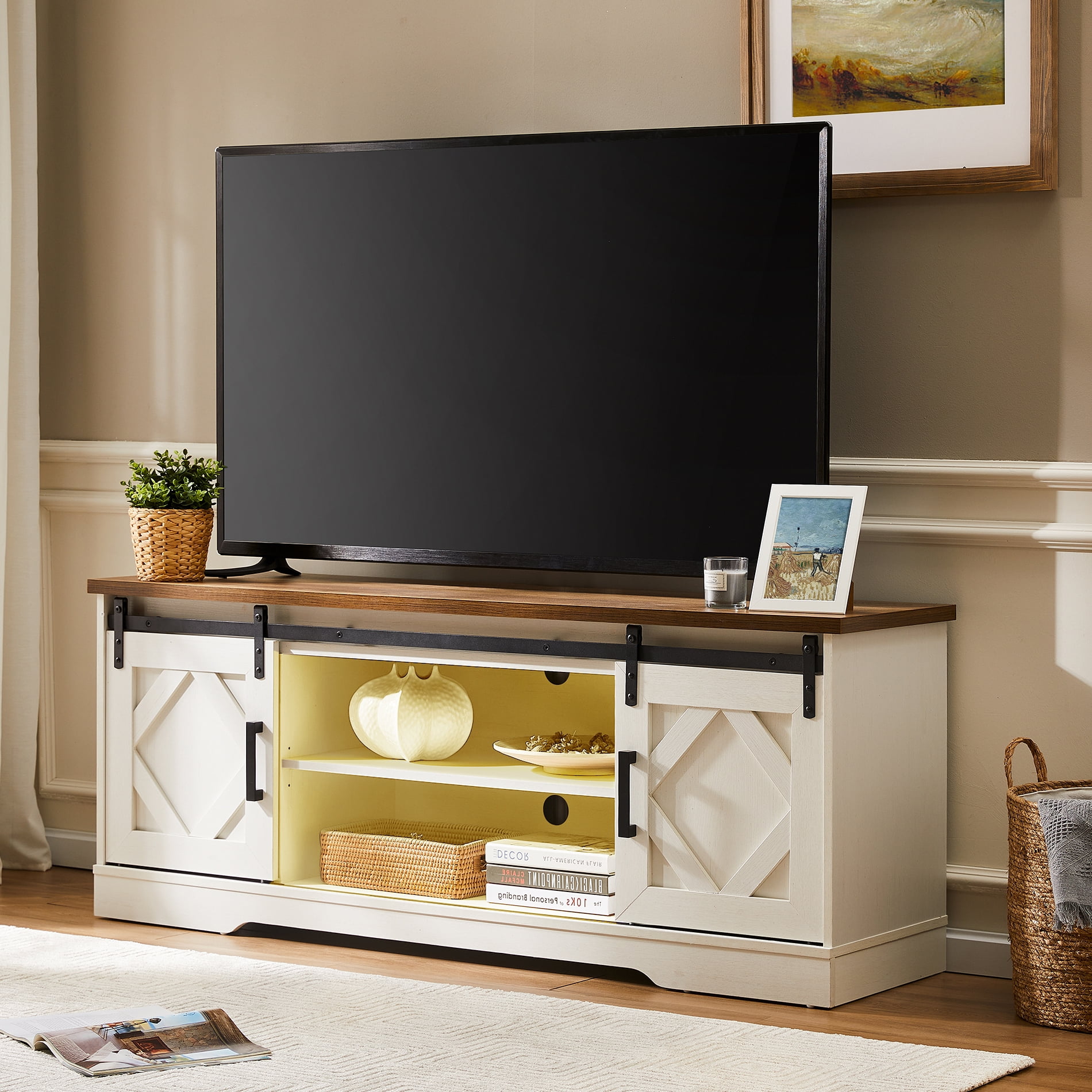 LED Farmhouse Modern Sliding Barn Door TV Stand for TVS Up to 65 inch White