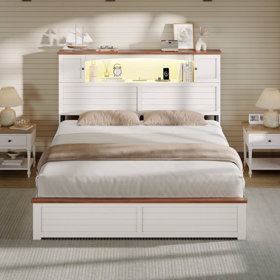 LED Farmhouse Queen Bed Frame with Bookcase Storage Headboard, Wood Platform Bed with 4 Drawers & Decoration Footboard, No Box Spring Needed, White