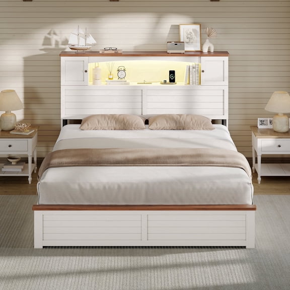 LED Farmhouse Queen Bed Frame with Bookcase Storage Headboard, Wood Platform Bed with 4 Drawers & Decoration Footboard, No Box Spring Needed, White