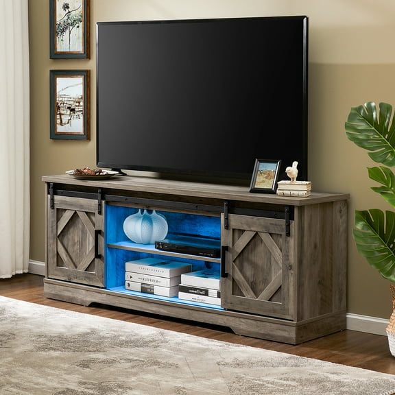 LED Farmhouse Sliding Barn Door TV Stand or Modern TV Console for up to 70" TV Grey