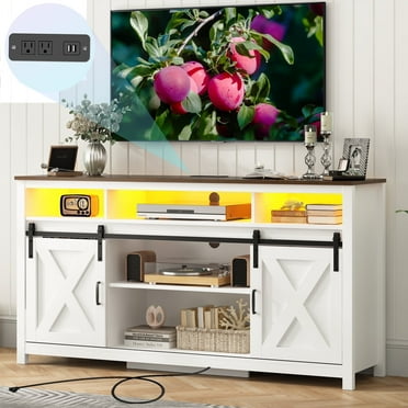 LED Farmhouse TV Stand for 65" 75" TVs with Power Outlets, 32" Tall Sliding Barn Door Entertainment Center with Adjustable Shelves/4 Layer Storage for Living Room, Rustic White