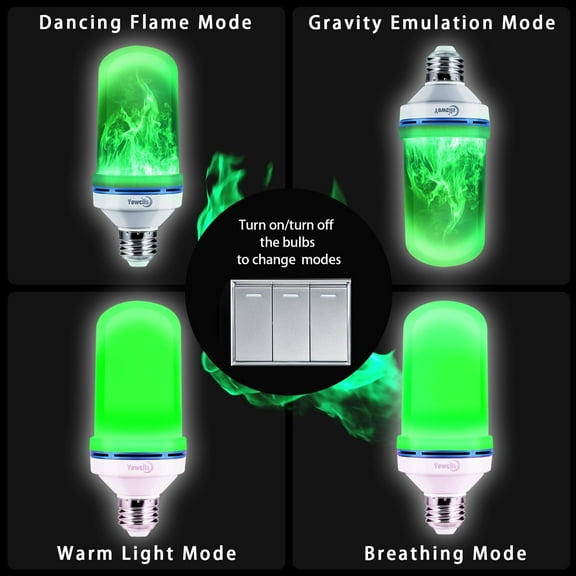 LED Flame Effect Light Bulb, 4 Modes E26 Base Fire Light Bulbs with Gravity Sensor (Green - 2 Pack)