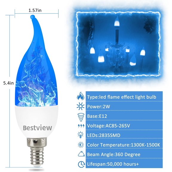 LED Flame Effect Light Bulbs,3 Modes Flickering Light Bulbs, Smart E12 Chandelier Base Candle Fire Light Bulb for Halloween, Christmas,Party, Porch Indoor&Outdoor Decoration -6 Pack(Blue)