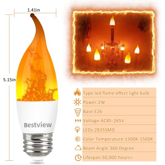 LED Flame Effect Light Bulbs,3 Modes Smart E26 Chandelier Base Flickering Candle Fire Light Bulb for Halloween, Christmas, Party, Porch, Indoor&Outdoor Home Decoration (2 Pack)