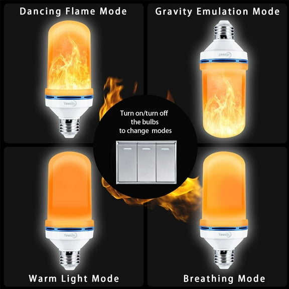 LED Flame Light Bulbs, 4 Modes Flickering Halloween Light Bulbs E26 Base Fire Light Bulbs with Gravity Sensor (4-Pack)