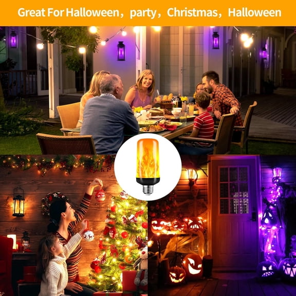 LED Flame Light Bulbs, Flickering Light Bulbs 4 Modes with Gravity Sensor, E26 Base Fire Light Bulb for Halloween, Christmas,Porch, Patio, Party, Indoor Outdoor Decor (1 Orange + 1 Purple)