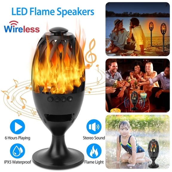 LED Flame Speaker, Torch Wireless Bluetooth Speaker with 60 LEDs Flickering Flame Light, IPX5 Waterproof, 5W Stereo Sound, Outdoor Patio Stake Light for Party Camping
