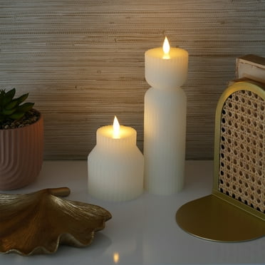 LED Flameless 2 PC  Fluted Figural White Wax Tabletop Candle Set