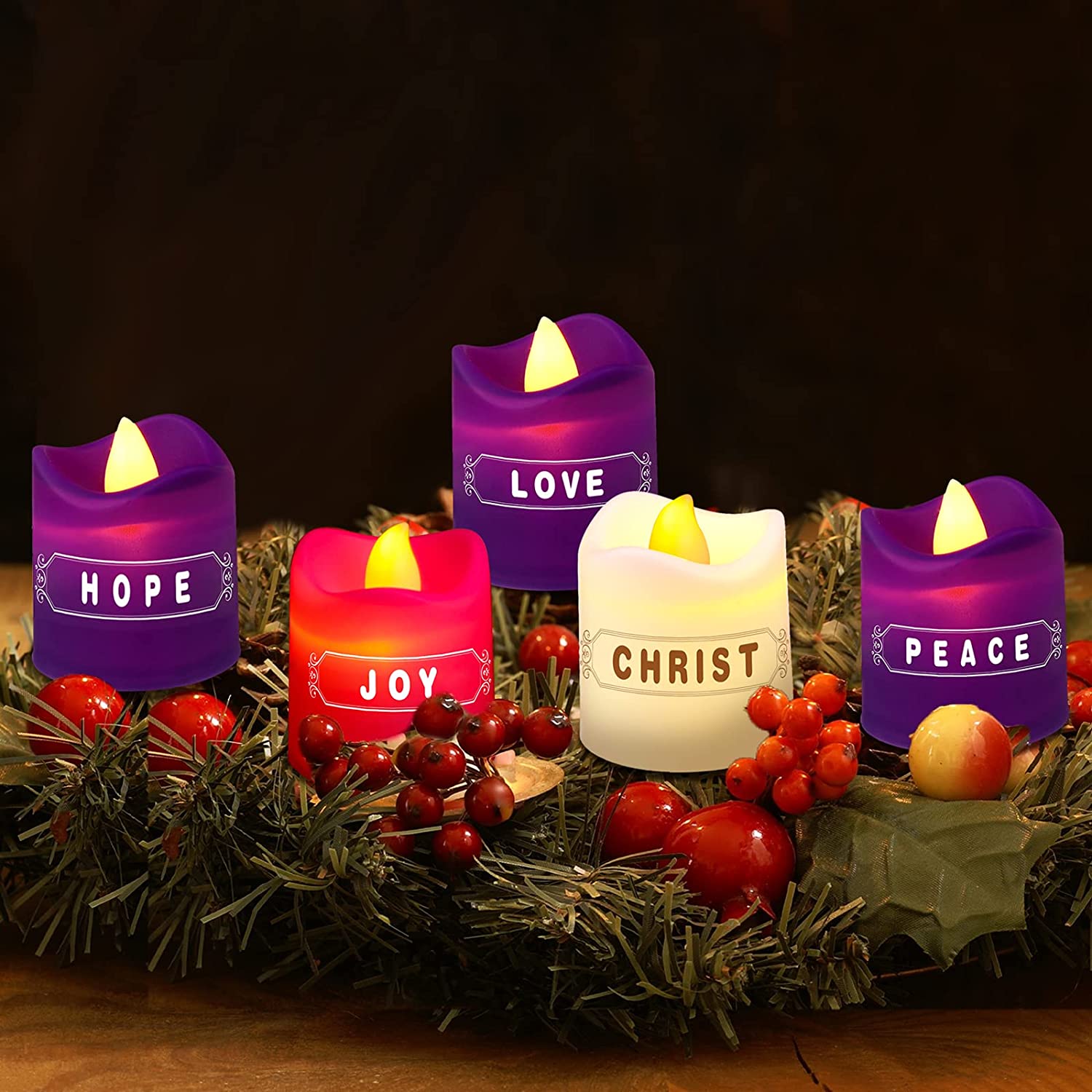 LED Flameless Advent Candle Tea Lights Love Christ Peace Joy Hope Purple Pink White Candles for