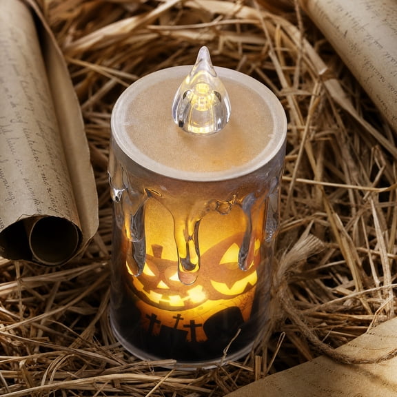 LED Flameless Candle Light with Dripping Wax, Plastic Pumpkin Tombstone Spooky Decor Table Lamp for Halloween Party Props